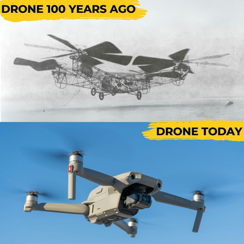 Image showing a historical drone from 100 years ago above a modern drone in flight.